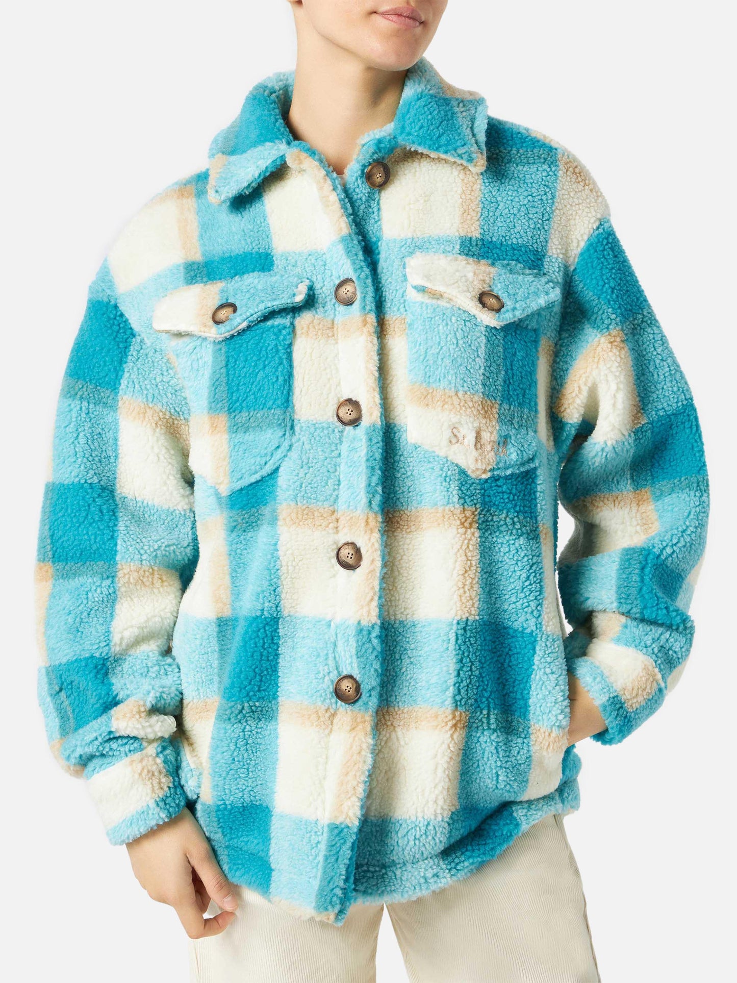 Woman sherpa overshirt with tartan pattern