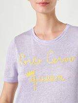 Leinen-T-Shirt mit „Porto Cervo Queen“-Stickerei