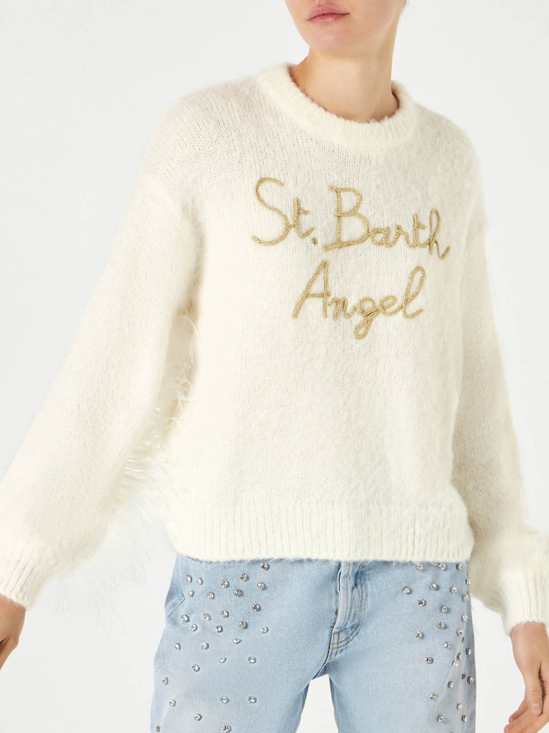 Woman white brushed crewneck sweater with fringes