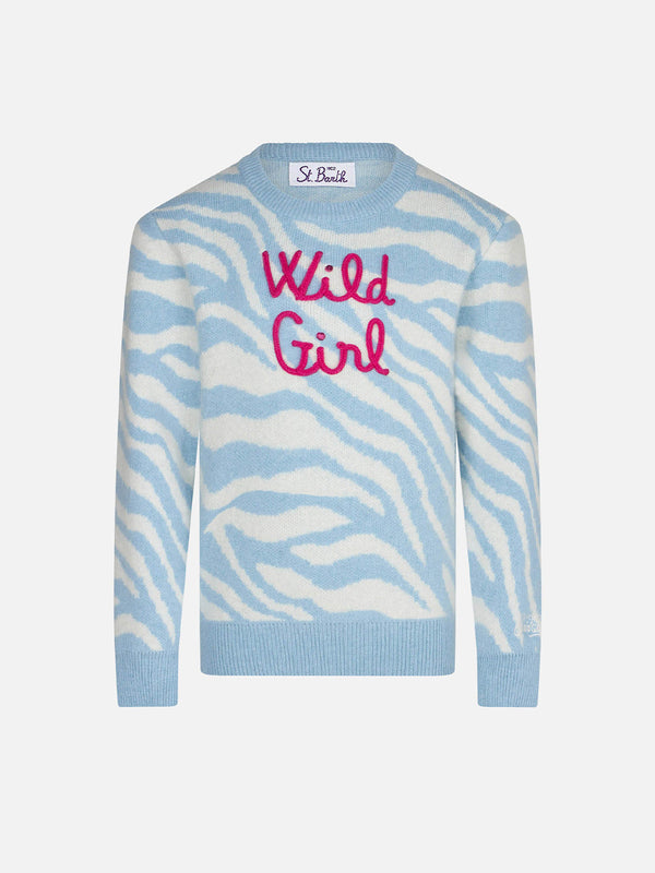 Maglia da bambina garzata stampa zebrata con ricamo Wild Girl