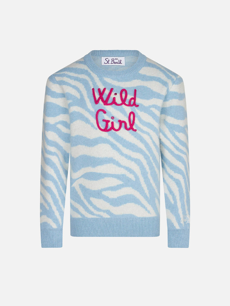 Girl zebra print brushed sweater with Wild Girl embroidery