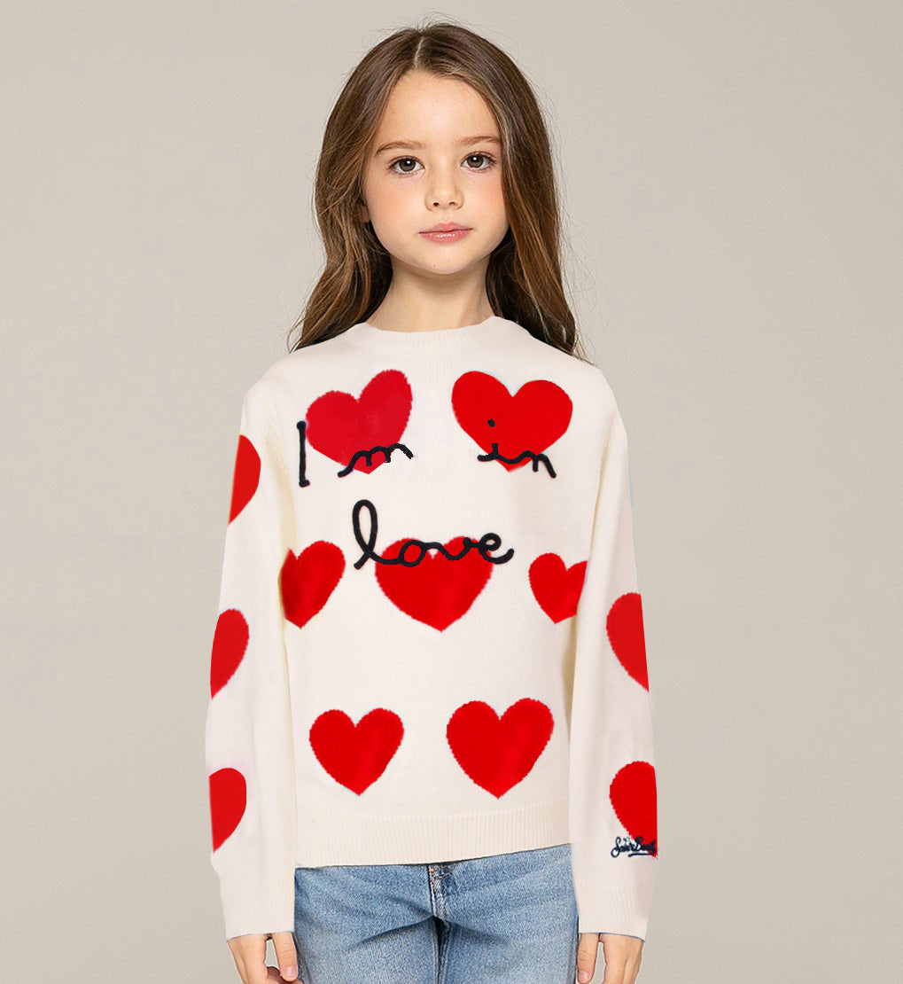 Maglione bianco da bambina con stampa jacquard cuori