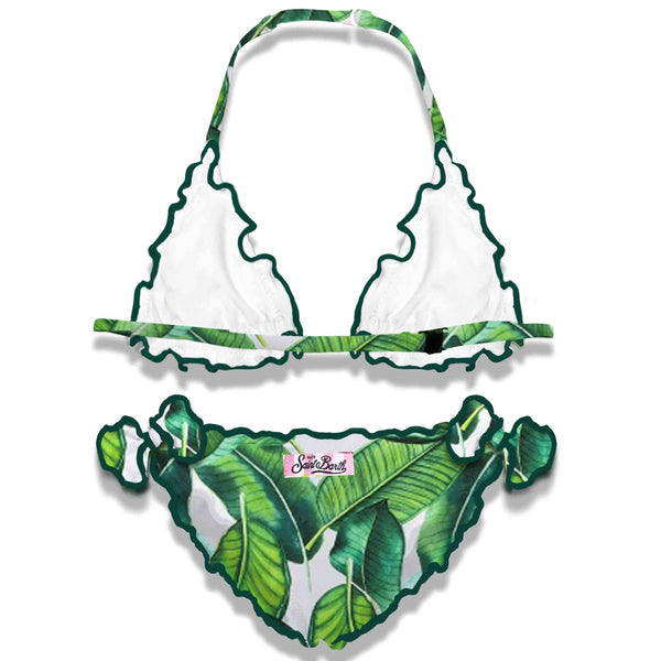 Girl triangle bikini with tropical print