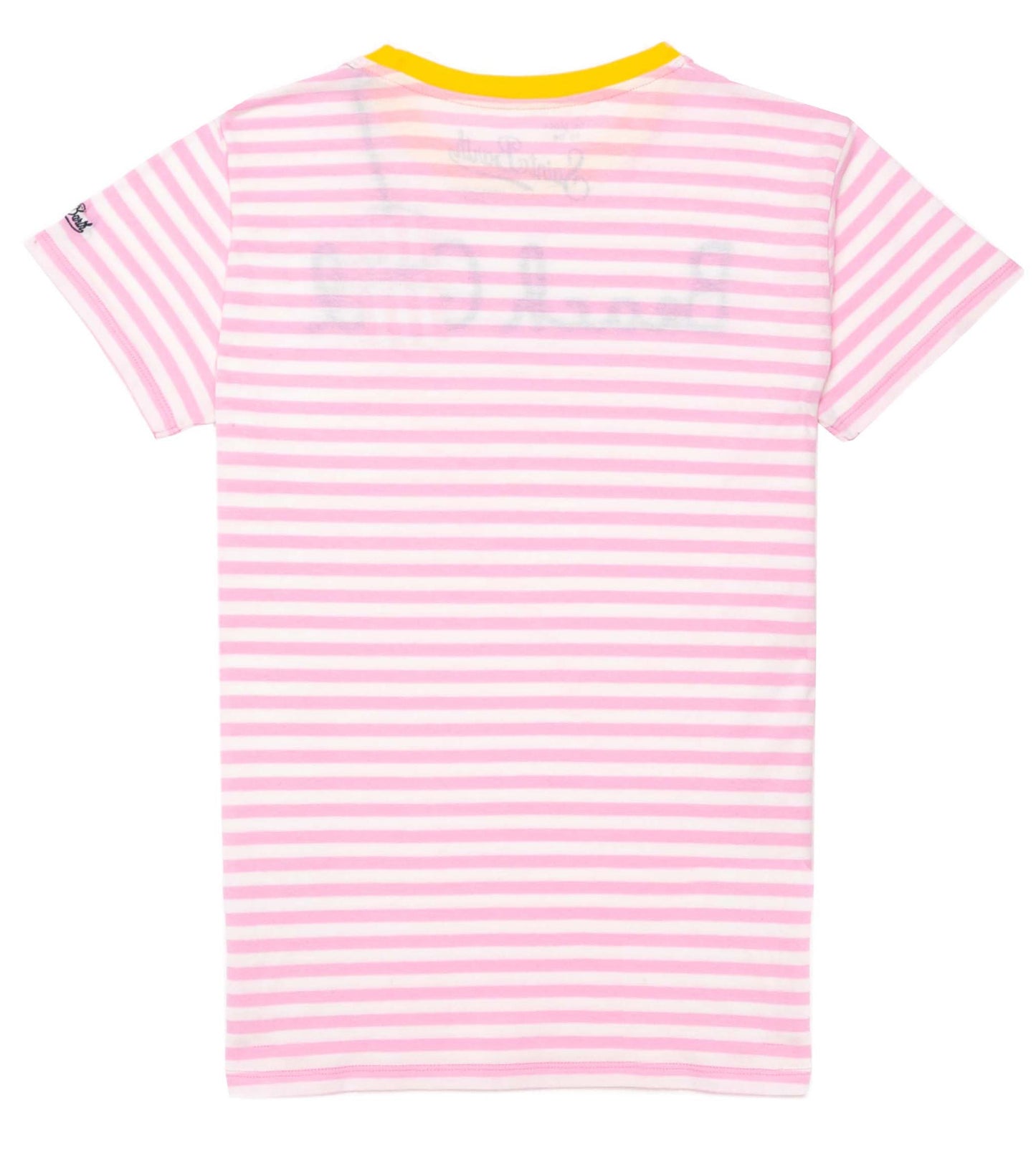Rosa gestreiftes Damen-T-Shirt mit Beach Girl in St.Barth-Stickerei
