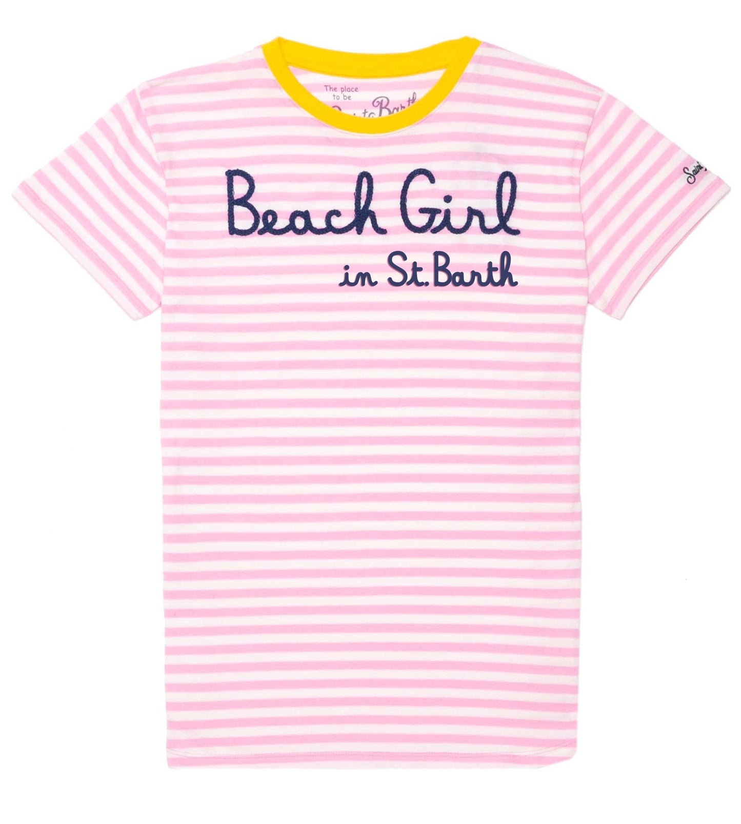 Rosa gestreiftes Damen-T-Shirt mit Beach Girl in St.Barth-Stickerei