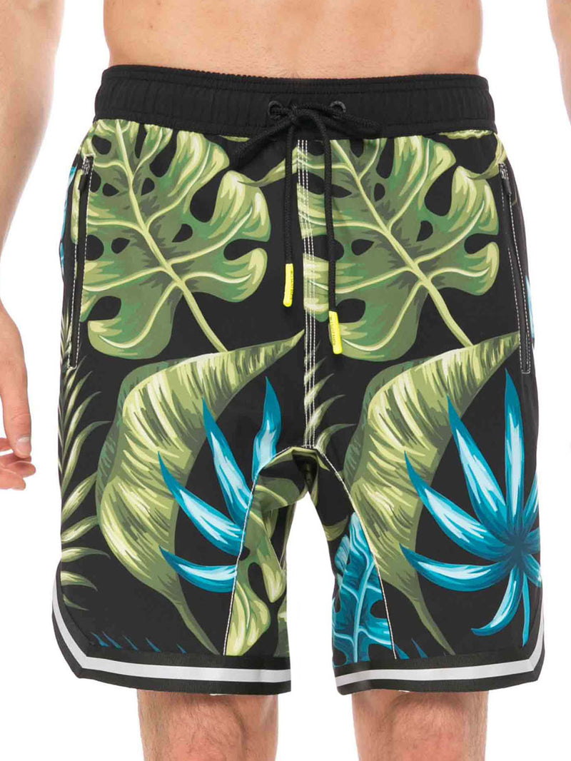 Tropical print swim shorts surf style