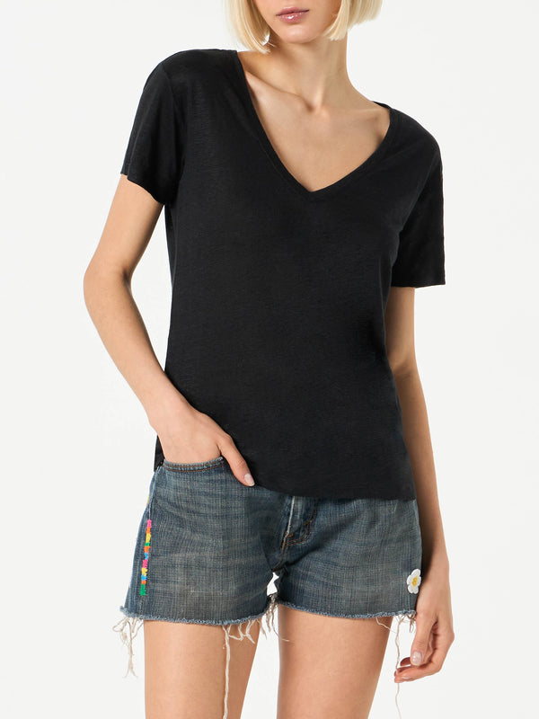 T-shirt da donna in lino nero