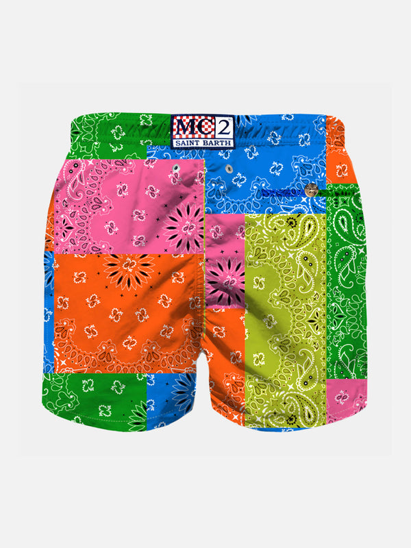 Boy swim shorts with multicolor fluo bandanna print