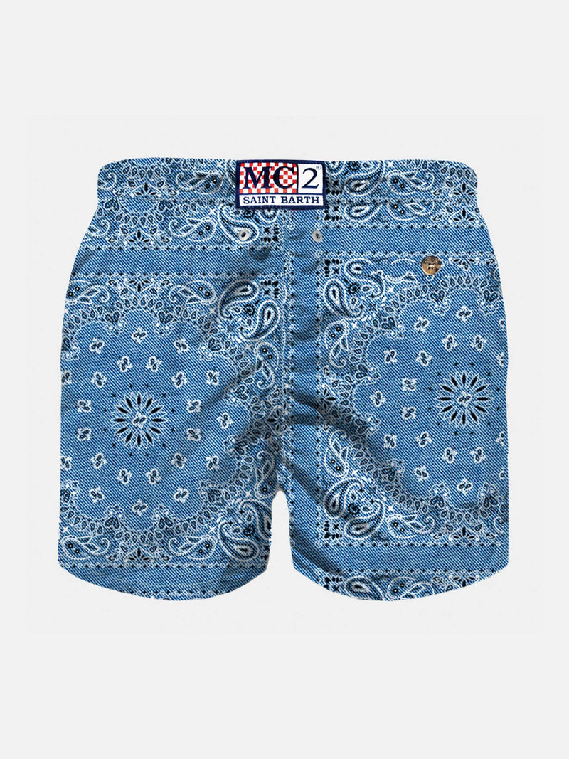 Boy denim swim shorts with bandanna print