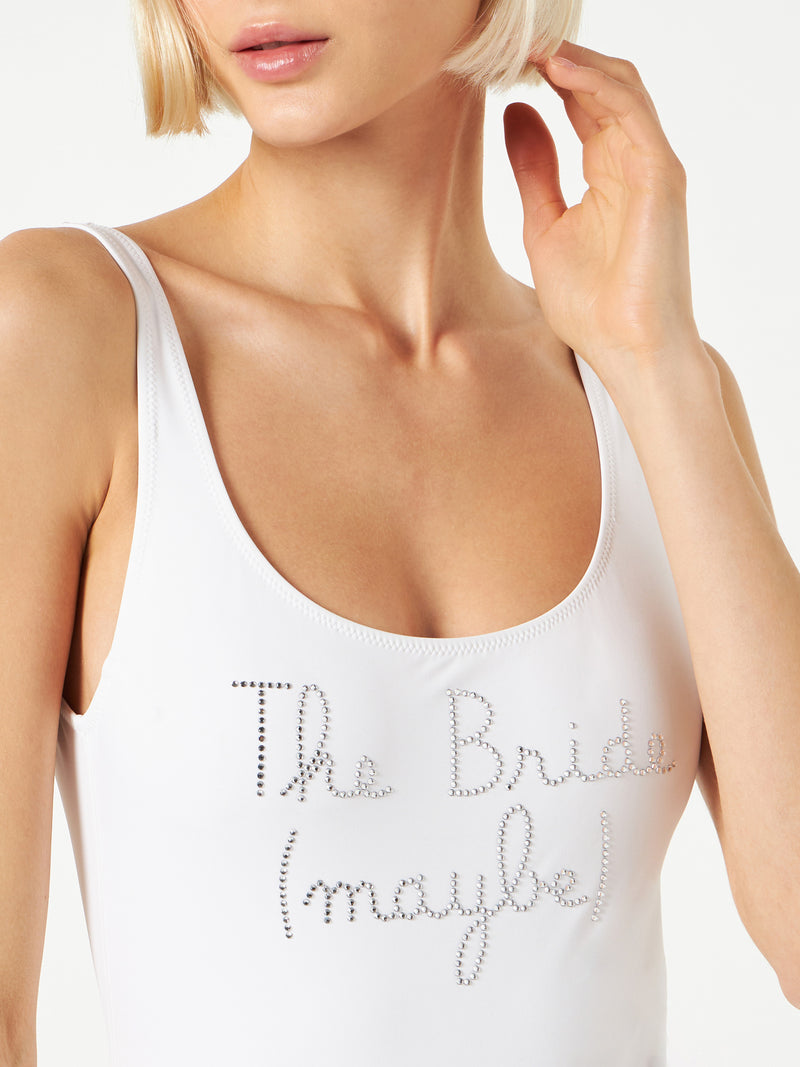 Woman one piece swimsuit with The Bride Maybe rhinestone embroidery