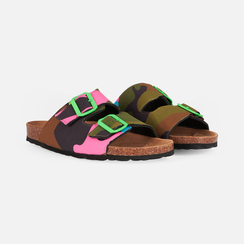 Sandals with multicolor fluo camouflage print