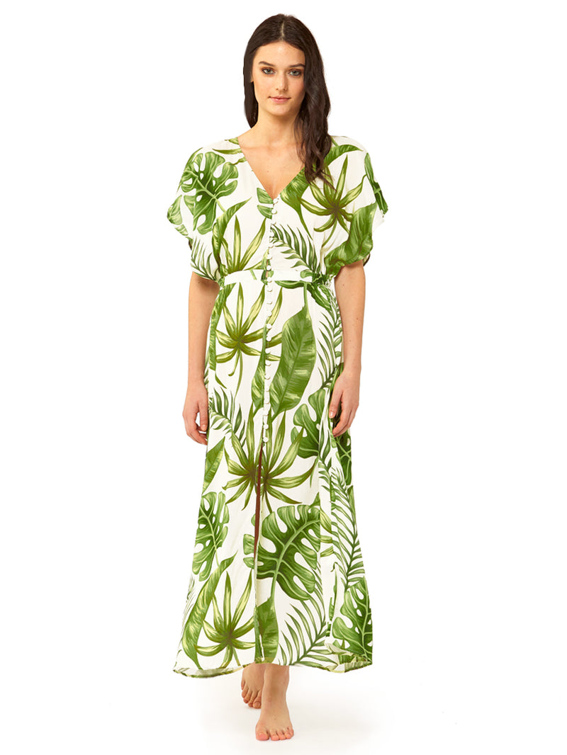 Langes Kleid mit tropischem Blätter-Print