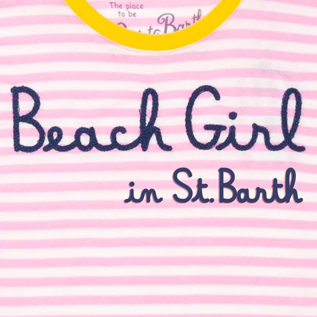 Rosa gestreiftes Damen-T-Shirt mit Beach Girl in St.Barth-Stickerei