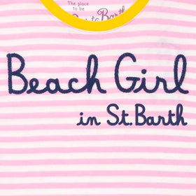 Rosa gestreiftes Damen-T-Shirt mit Beach Girl in St.Barth-Stickerei