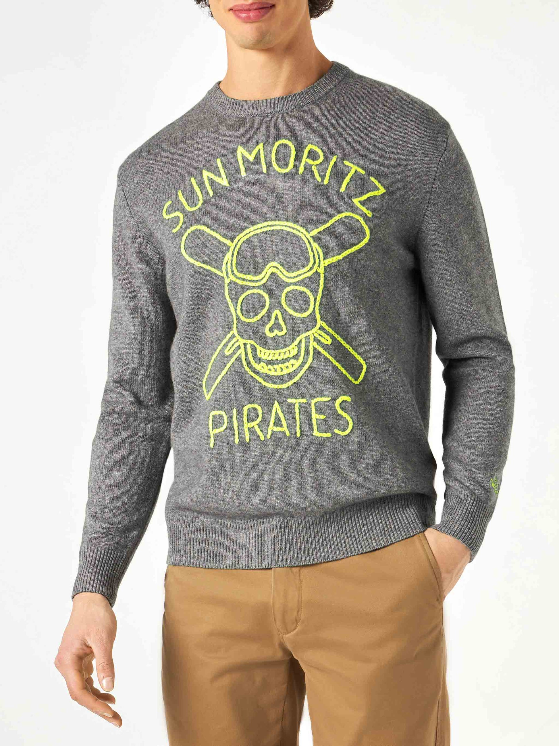 Man grey sweater Sun Moritz Pirates fluo embroidery - MC2 Saint Barth