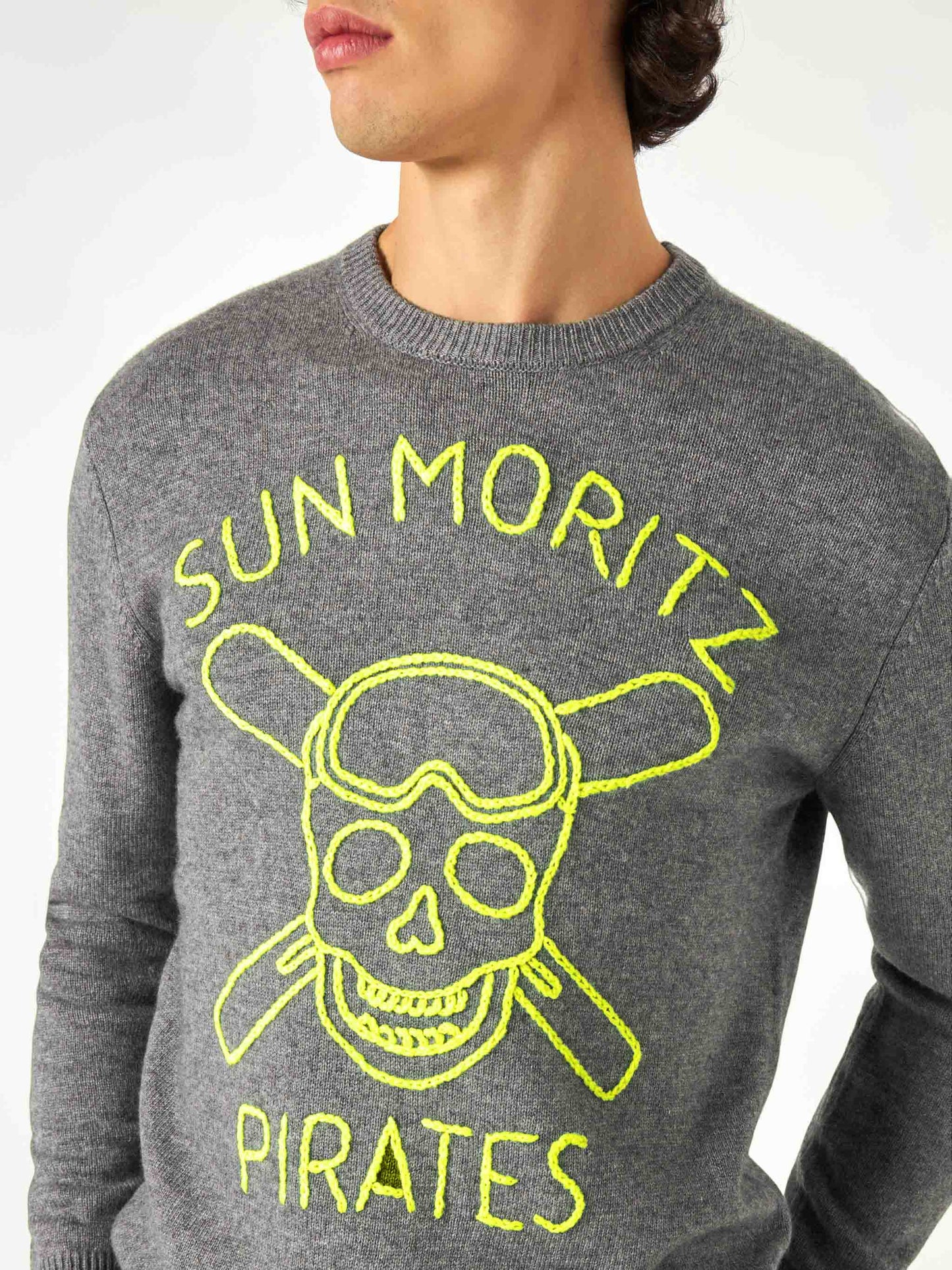 Man grey sweater Sun Moritz Pirates fluo embroidery - MC2 Saint Barth