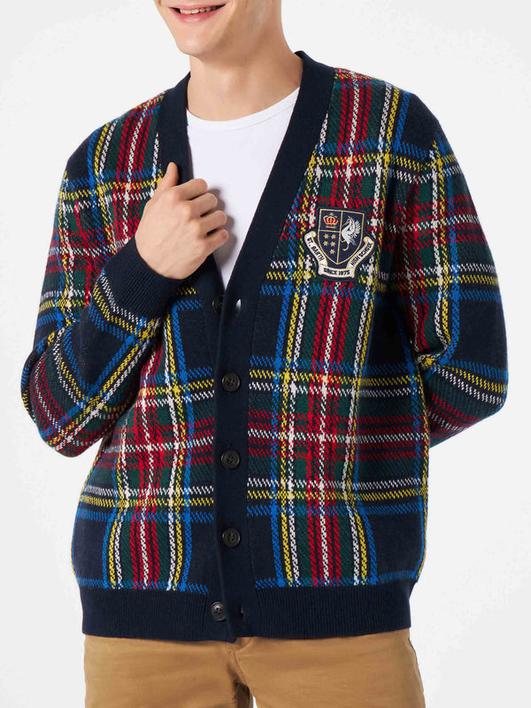 Cardigan uomo in maglia tartan con patch