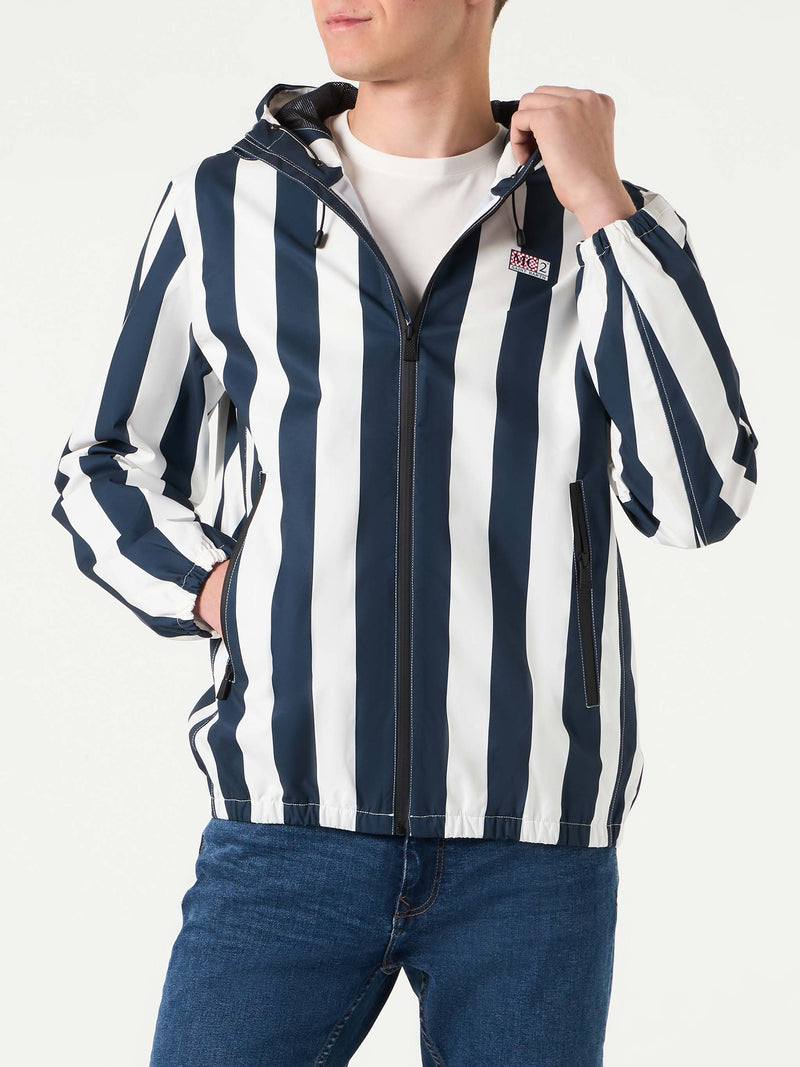 Man hooded lightweight windbreaker with striped print