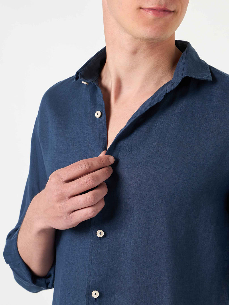 Man blue navy linen Pamplona shirt