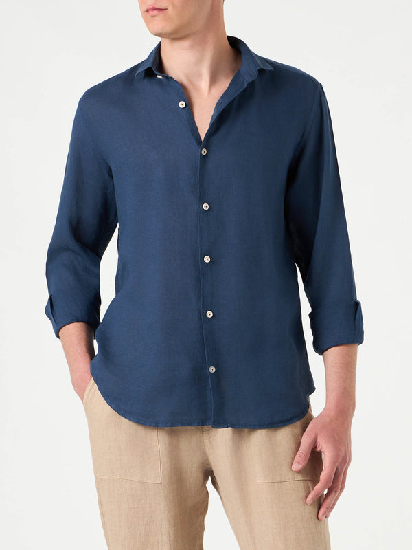 Man blue navy linen Pamplona shirt