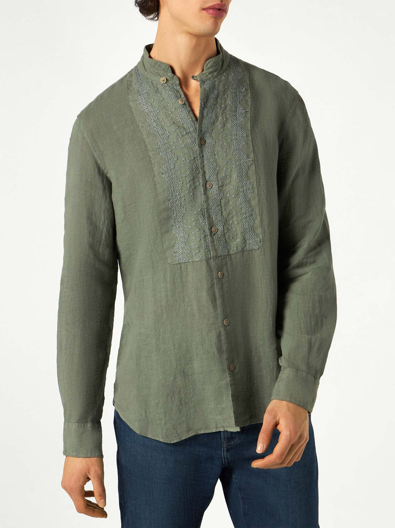 Camicia da uomo in lino verde militare