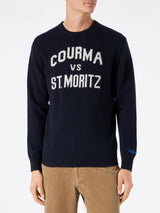 Marineblauer Herrenpullover mit Courma vs. St. Moritz-Aufdruck