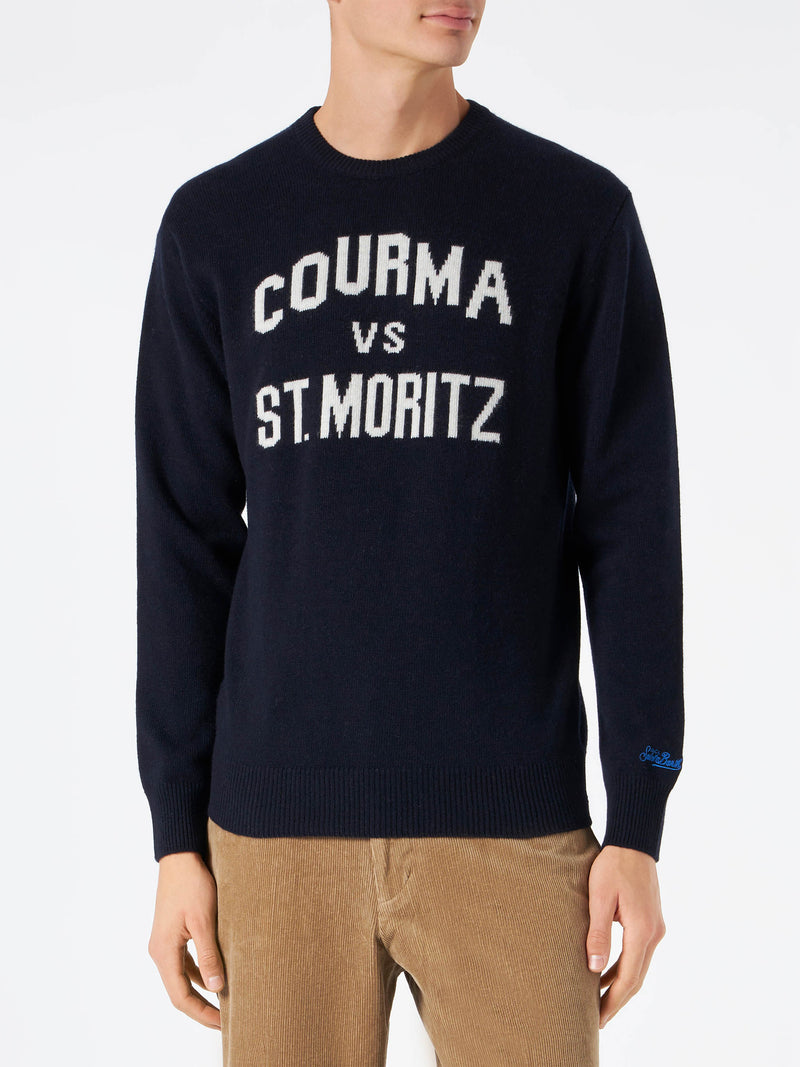 Marineblauer Herrenpullover mit Courma vs. St. Moritz-Aufdruck