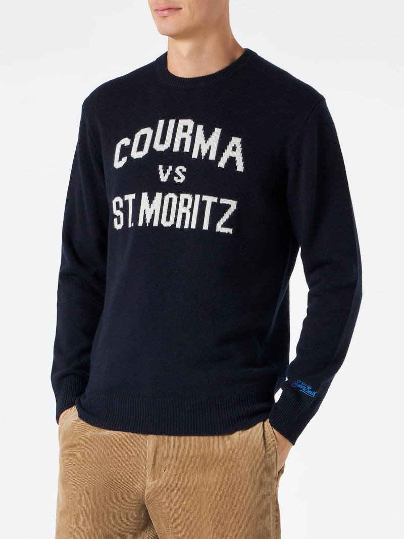 Marineblauer Herrenpullover mit Courma vs. St. Moritz-Aufdruck