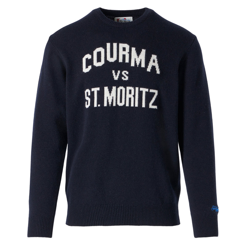 Marineblauer Herrenpullover mit Courma vs. St. Moritz-Aufdruck