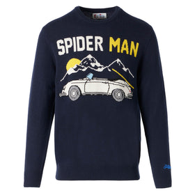 Man navy blue sweater with car print