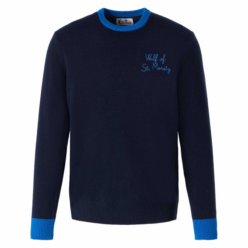 Man navy blue sweater with Wolf of St. Moritz embroidery