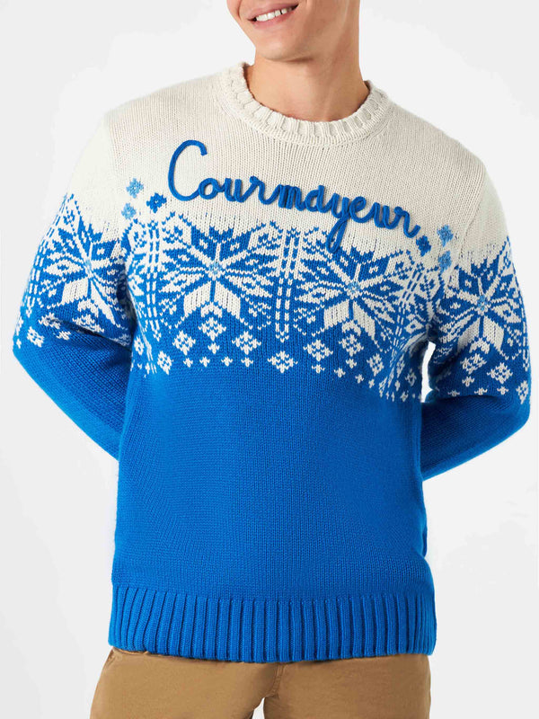 Herrenpullover mit Rundhalsausschnitt und Courmayeur-Stickerei