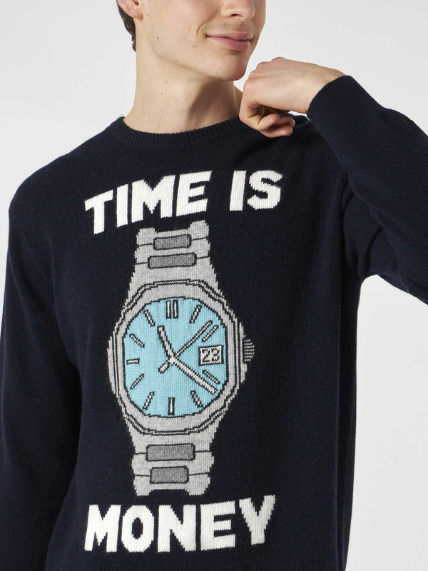 Herrenpullover mit „Time is Money“-Stickerei