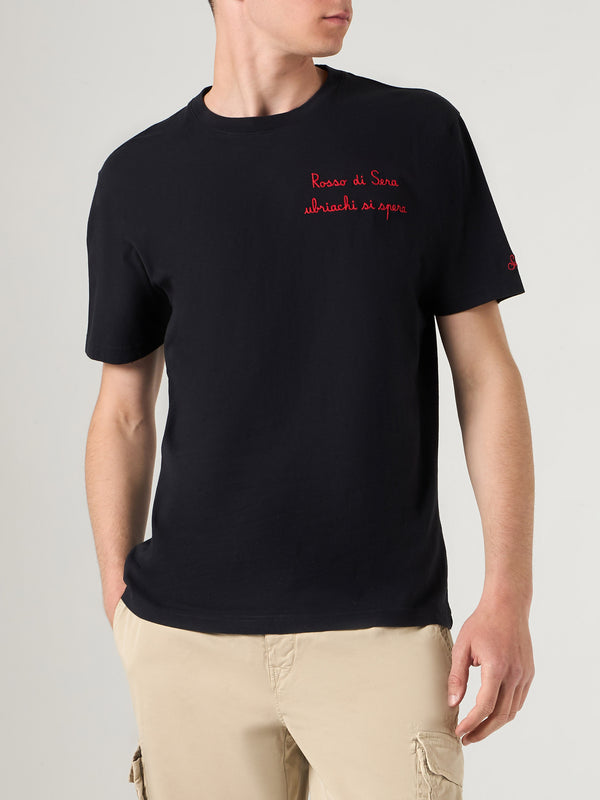 Man t-shirt with Rosso di Sera, ubriachi si spera embroidery