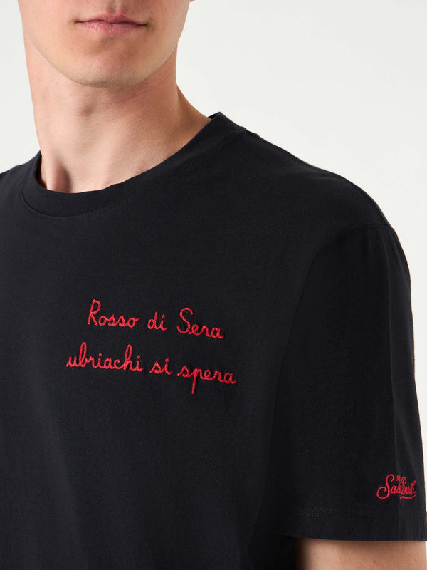 Man t-shirt with Rosso di Sera, ubriachi si spera embroidery