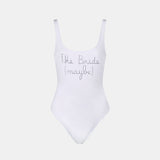 Woman one piece swimsuit with The Bride Maybe rhinestone embroidery