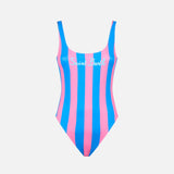 Woman dust blue and pink striped print one piece swimsuit