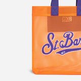 Orangefarbene Einkaufstasche aus Mesh mit Frottee-Stickerei vorne