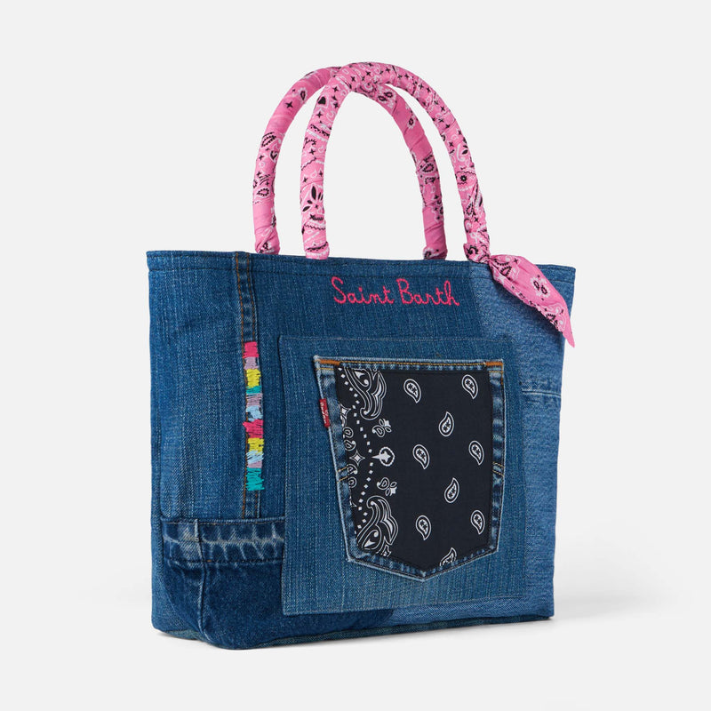 Denim patchwork handbag with pink bandanna handles