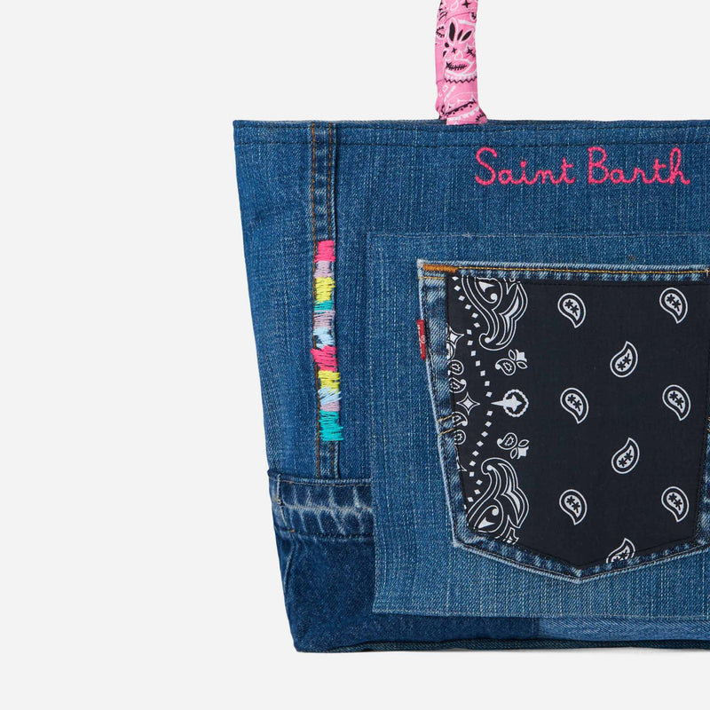 Denim patchwork handbag with pink bandanna handles