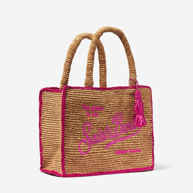 Borsa in rafia con ricamo frontale fucsia