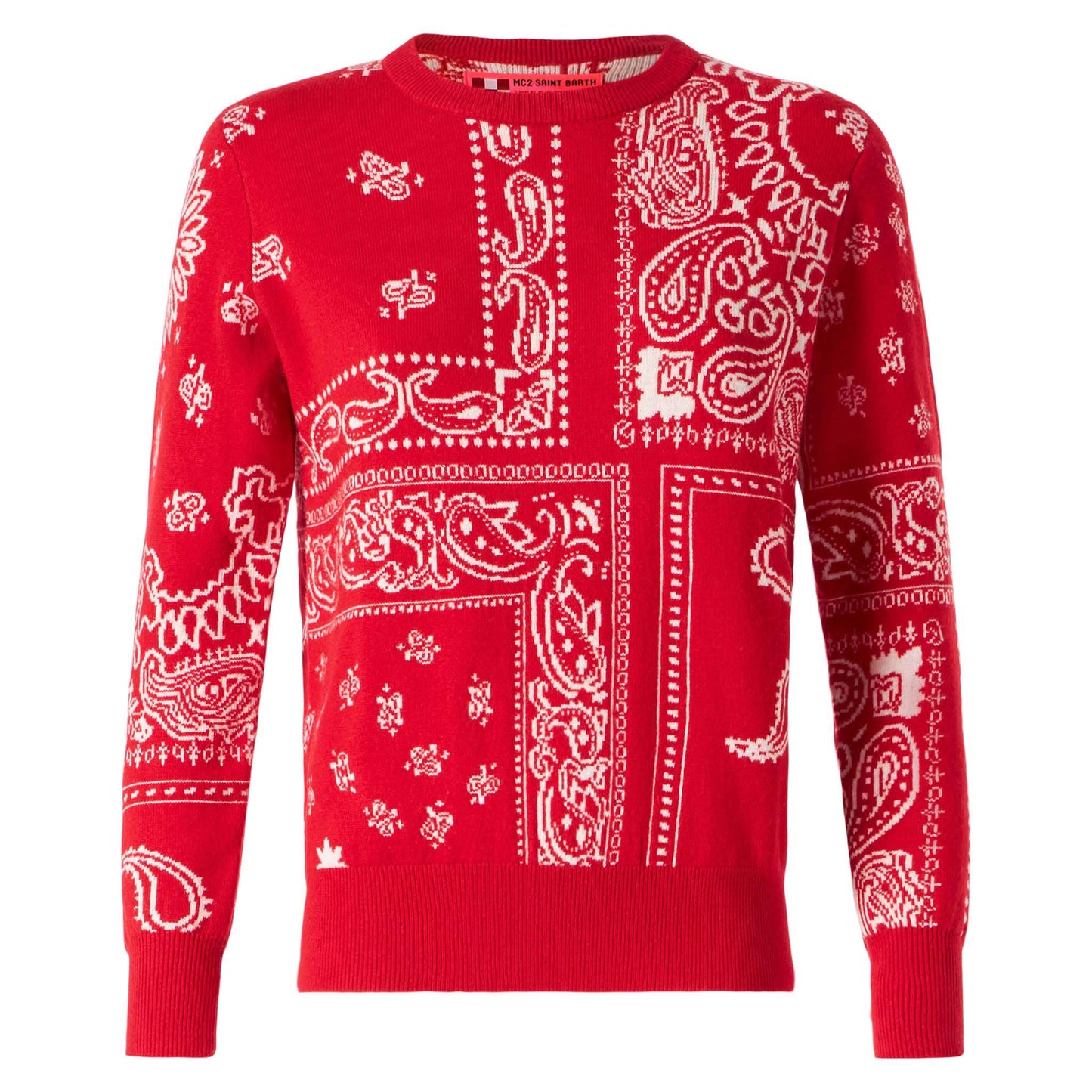 Damenpullover mit rotem Bandana-Jacquard