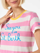 Damen-T-Shirt aus Baumwolle mit „Sea you in St. Barth“-Stickerei