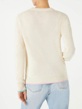 Woman brushed sweater with Saint Barth fringed embroidery