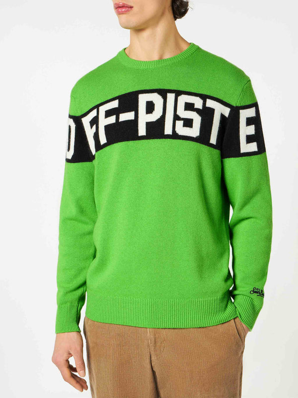 Fluogrüner Herrenpullover mit Off-Piste-Schriftzug