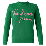 Grüner Pullover „Weekend j'arrive“ mit fluorosa Stickerei