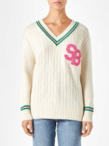 Maglione da donna scollo a v intrecciato con patch