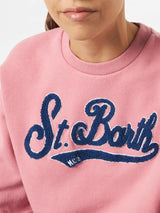 Woman pink fleece sweatshirt with terry logo