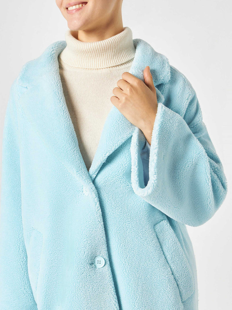 Cappotto da donna in tessuto teddy azzurro