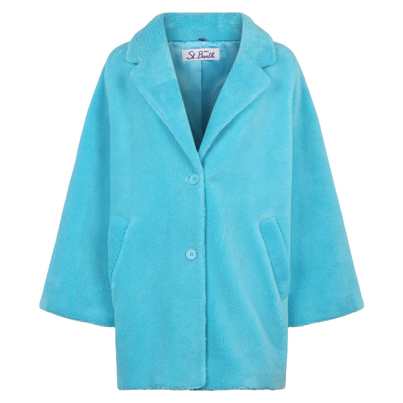 Woman coat turquoise teddy fabric